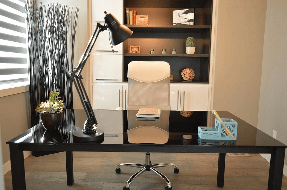 Black reflective work desk and fancy shelf